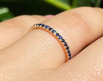 Natural Blue Sapphire Band, 1.5mm Micro Pave Wedding Band, 14K Yellow Gold Half Eternity Band, September Birthstone Ring, Thin Stacking Ring