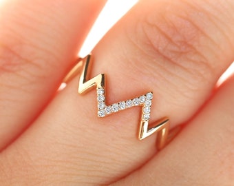 Heartbeat Ring, Solid 14K Yellow Gold Heartbeat Ring, Heartbeat Diamond Ring, Real Diamond Ring Band, Pulse Diamond Ring, EKG Ring Stacking