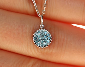 Fancy Blue Diamond Necklace, 14K White Gold Natural Blue Diamond Pendant Necklace, Pave Disc Pendant with Chain, Round Circle Diamond Charm