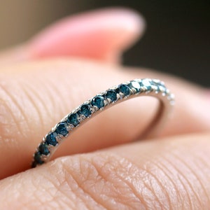Blue Diamond Wedding Band, Solid 14K White Gold Eternity, 1.5mm Pave Diamond Band Women, Anniversary Ring, Gift for her, Full Eternity Ring