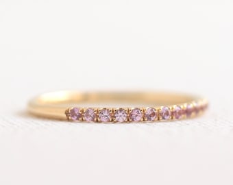 Natural Pink Sapphire Ring, 14K Yellow Gold Pink Sapphire Band, 1.5mm Pink Sapphire Wedding Band, Micro Pave Half Eternity Band, Bridal Band