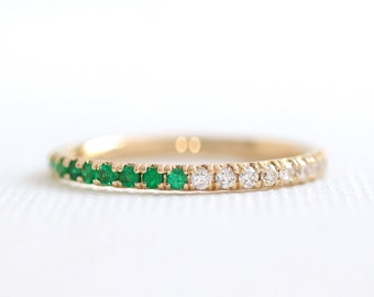 Natural Emerald and Diamond Wedding Band, 14K Gold Half Eternity Ring, Emerald Diamond Anniversary Band, May Birthstone Wedding Ring