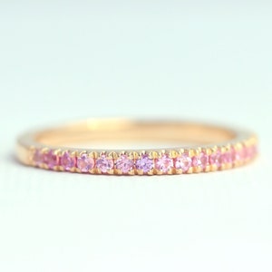 18K Yellow Gold Pink Sapphire Ring, 3/4 Eternity Ring, Natural Pink Sapphire Wedding Band, 2mm Half Eternity Band, Micro Pave Wedding Ring