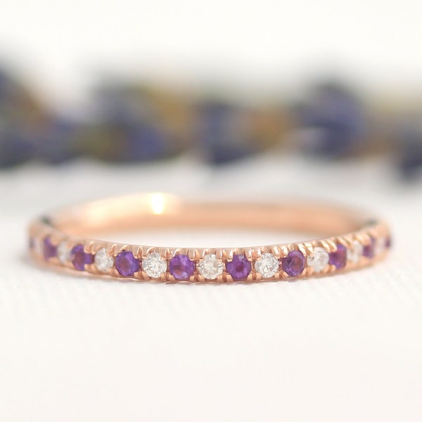 Diamond and Amethyst Wedding Band, Solid 14K Yellow Gold Eternity Ring, Pave Birthstone Ring, Stacking Ring, Ready to Ship Mothers Day Gift