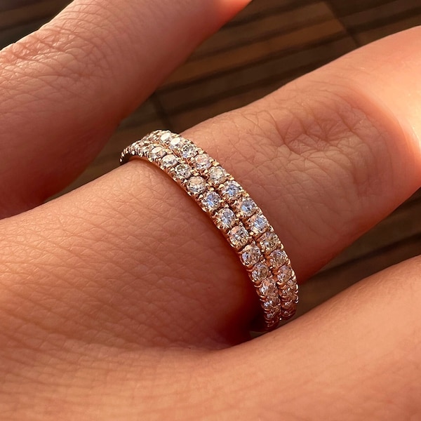 Ensemble de 2 bandes de mariage en diamant, bande de diamant véritable demi-éternité en or rose massif 14K, bagues en diamant micro pavé de 1,5 mm, ensemble de bande de mariage double