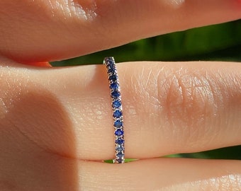 Natural Blue Sapphire Wedding band, 14K White Gold Sapphire Ring, Micro Pave Sapphire Band September birthstone Ring, Sapphire Stacking Ring
