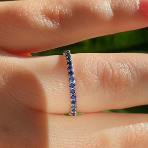 Natural Blue Sapphire Wedding band, 14K White Gold Sapphire Ring, Micro Pave Sapphire Band September birthstone Ring, Sapphire Stacking Ring