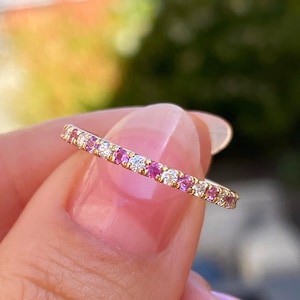 Pink Sapphire and Diamond Ring, 18K Gold Natural Diamond Sapphire Band, Micro Pave Wedding Band, Half Eternity Stackable Band, Gift for Her