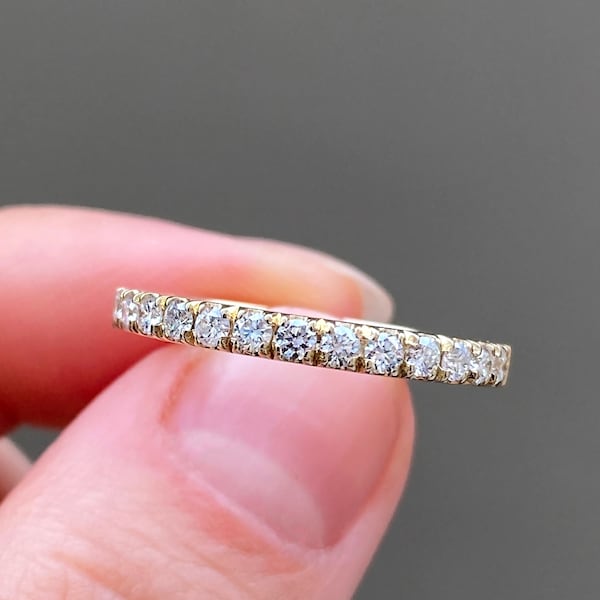 Real Diamond Ring 14K Yellow Gold, 2mm Wedding Band, Anniversary Ring, 0.40 Ct Diamond Ring, Classic Diamond Band, Half Eternity Pave Ring