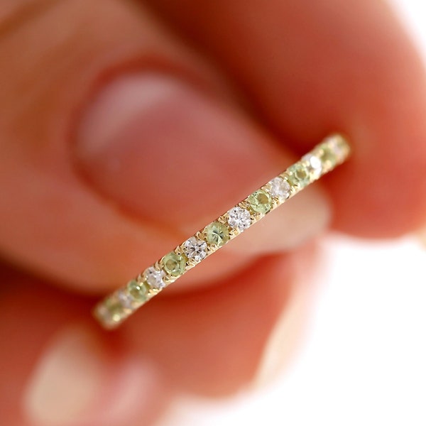 Diamond Peridot Ring, Alternating Peridot and Diamond Wedding Band, 14K Yellow Gold Half Eternity Band, Micro Pave Stacking Anniversary Ring
