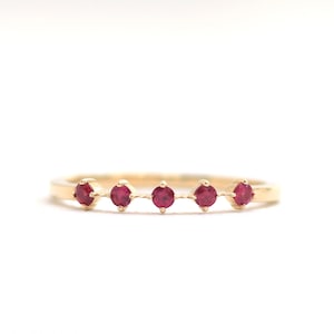 Natural Ruby Ring, 14K Yellow Gold Ruby Wedding Band, 2mm Floating Ring, 6 Stone Ruby Bridal Ring, Anniversary Ring, July Birthstone Ring