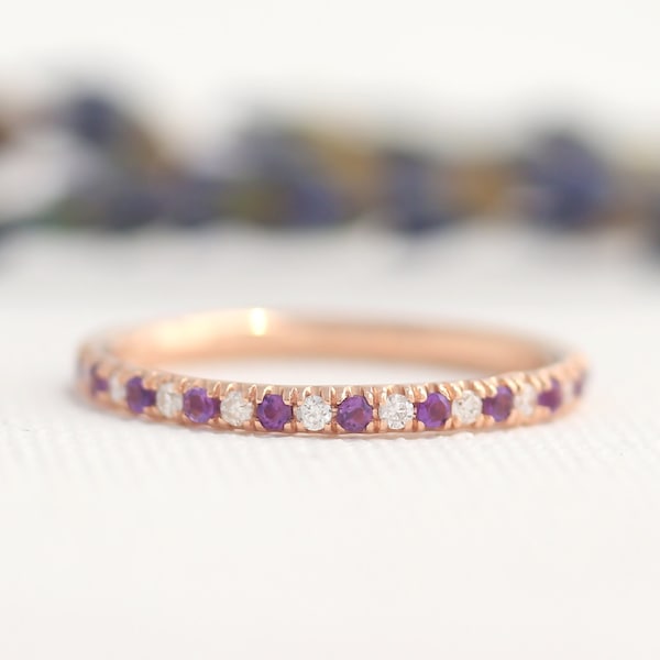 Solid 18K Gold Eternity Ring, Natural Diamond and Amethyst Eternity Band, Full Eternity Micro Pave Wedding Band, February Birthstone Ring