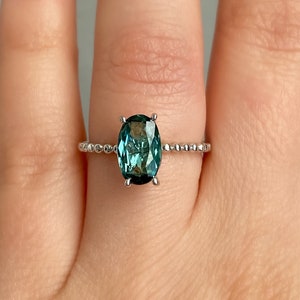 14K White Gold Oval Cut Solitaire Engagement Ring, Seafoam Green Natural Tourmaline Ring, Elongated Oval Cut Ring, 10x8 mm Oval Center Ring