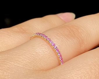 Real Pink Sapphire Band, Micro Pave Pink Sapphire Wedding Band, 14K Yellow Gold Stackable Sapphire Ring, Round Cut Light Pink Sapphire Band