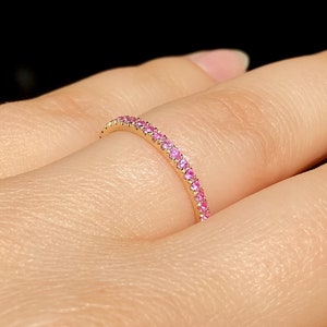 Real Pink Sapphire Band, Micro Pave Pink Sapphire Wedding Band, 14K Yellow Gold Stackable Sapphire Ring, Round Cut Light Pink Sapphire Band