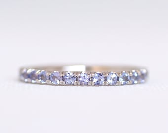 Solid 14K White Gold Tanzanite Ring, Natural Tanzanite Ring, 2mm Half Eternity Wedding Band, Blue Lavender Tanzanite Ring, Anniversary Ring