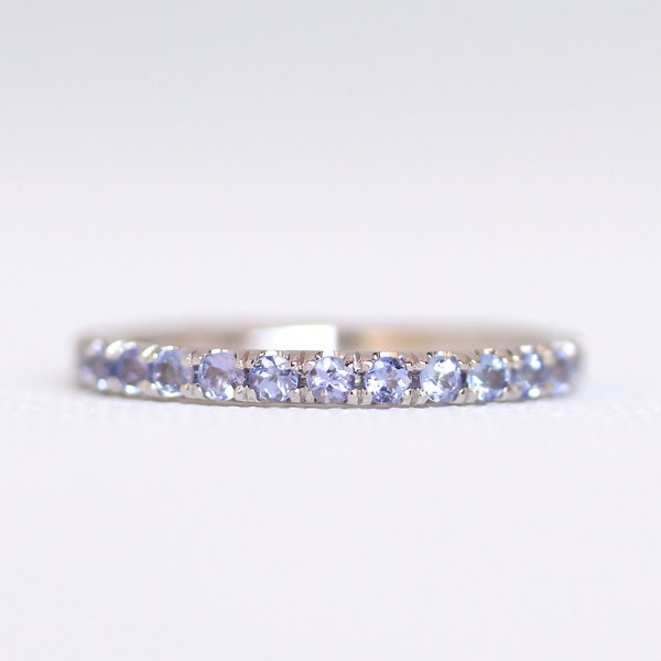 Solid 14K White Gold Tanzanite Ring, Natural Tanzanite Ring, 2mm Half Eternity Wedding Band, Blue Lavender Tanzanite Ring, Anniversary Ring