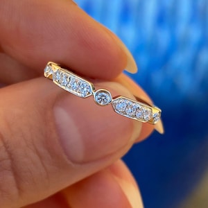 Natural Diamond Ring 14K Gold, Half Eternity Diamond Wedding Band, Art Deco Geometric Ring, Engagement Ring Band, Unique Wedding Band Ring
