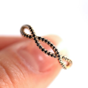 Infinity Ring, Black Diamond Twist Ring, 14K Yellow Gold Wedding Band, Micro Pave Infinity Twist Ring, Diamond Infinity Anniversary Ring