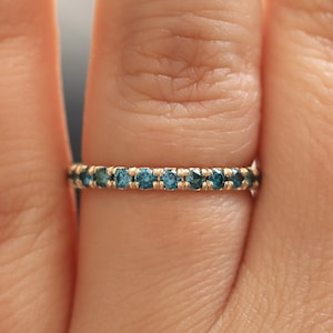 14K Yellow Gold Blue Diamond Band, Natural Blue Diamond Eternity Band, Fancy Blue Diamond Ring, 2mm Wedding Band, Comfort Fit Eternity Ring