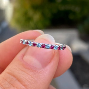 14K White Gold Women's Wedding Band, Micro Pave Half Set Engagement Ring Band, Alternating Ruby & Aquamarine Band for Her, Mothers Day Gift