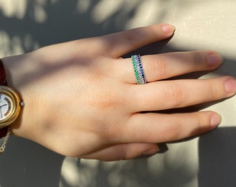 Set of three Half Eternity Bands on Solid 14K White Gold, Blue Sapphire, Green Emerald & Pastel Aquamarine Birthstone Wedding Bands for Her
