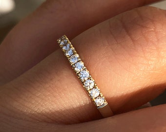 Real Diamond Half Eternity Band, U Pave Wedding Ring available in 10K or 14K Solid Gold, Stackable Anniversary Diamond Band, 2mm Diamonds