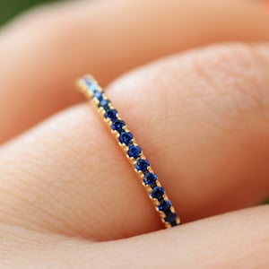 Blue Sapphire Eternity Wedding Band in Solid 14K White, Yellow or Rose Gold, Anniversary Ring, September Birthstone Ring, Pave Wedding Band