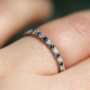 Blue Sapphire and Diamond Platinum Ring, Solid PT 950 Wedding Band, 1.5mm Micro Pave Ring, Half Eternity September and April Birthstone Ring