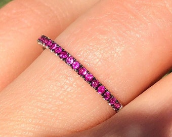 14K SOLID White Gold Natural Ruby band, Half Eternity Red Ruby Stackable Band, Stacking Ring, Anniversary Ring, Anniversary Gift For Her