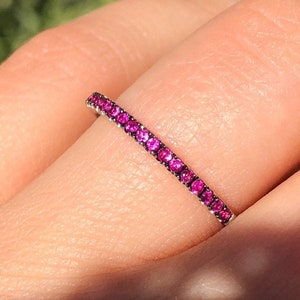 Ruby Half Eternity Ring in 14K Solid Gold, Natural Ruby Wedding Band with Vintage Black Rhodium Prongs, July Birthstone Ring