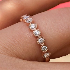 Art Deco Diamond Wedding Band 14K Rose Gold, Geometric Diamond Ring, Alternating Pattern Band, Milgrain Diamond Band, Stackable Ring