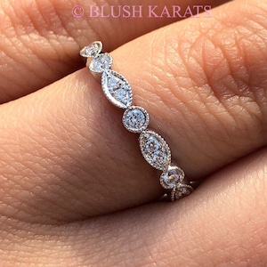 14K White Gold, Real Diamond Wedding band, Art Deco Style Band, Scalloped band, Stacking Band, Engagement Ring Wedding Band, Beaded Bezel
