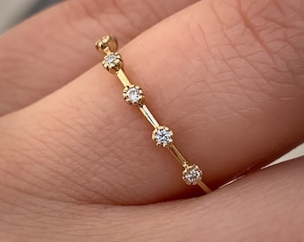 Station Diamond Ehering, schwebender, flacher 6-Stein-Brautring aus massivem 10K- oder 14K-Gold