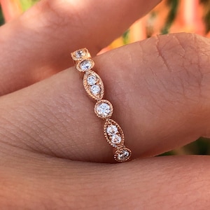 Marquise Dot Diamond Wedding Band, Real Diamond Half Eternity Band, Scalloped Diamond Ring, Beaded Bezel Art Deco Natural Diamond Band Gift