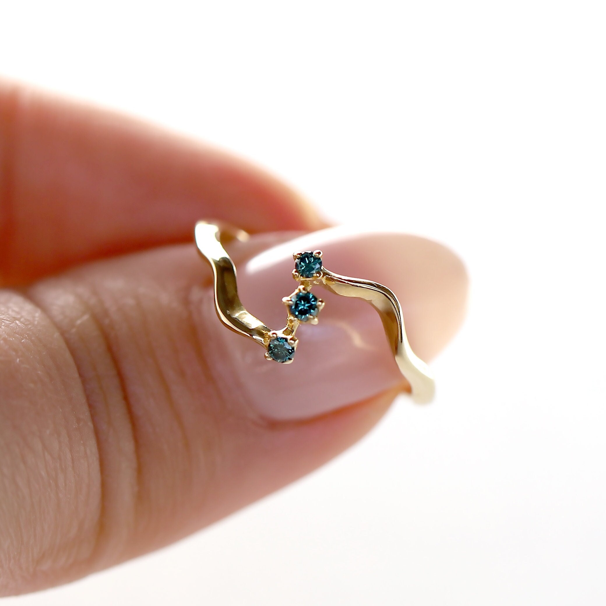 Solid 14K Yellow Gold Diamond Ring, Fancy Blue Diamond Ring, Asymmetric ring, Organic Diamond Ring, 3 Stone Diamond Ring, Anniversary Gift