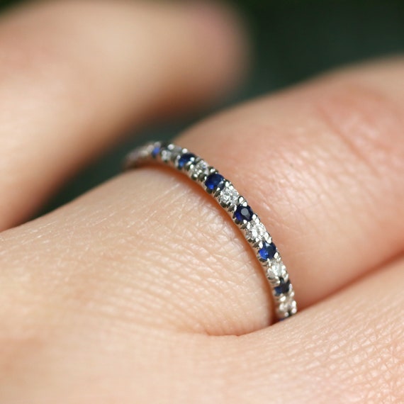 Blue Sapphire Wedding Band, Solid 950 Platinum Diamond Ring, Half Eternity September Anniversary Gift