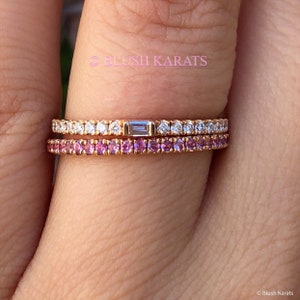 Baguette Diamond ring and Pink Sapphire 1/2 eternity band set on Solid 14K Rose Gold - Minimalist Set of Diamond and Pink Sapphire Rings