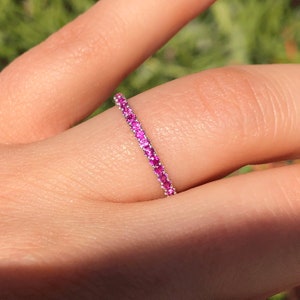 Vivid Ruby Wedding Band on 14K White Gold, Micro Pave Set Ruby Ring, Natural Ruby Stackable Band, Dainty 3/4 eternity Minimalist Ruby Ring
