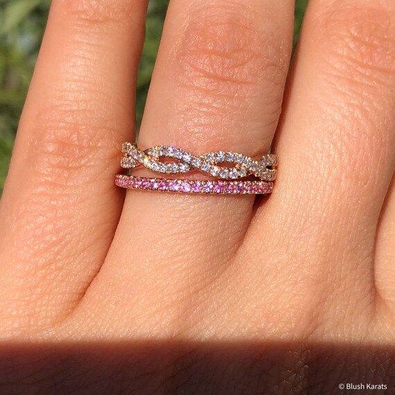 Set of Two Rings Twist Diamond Band and Pink Sapphire Half