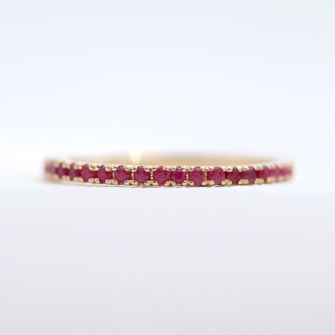 14K Gold Natural Ruby Wedding Band, Half Eternity Stacking Ring in 10K ...