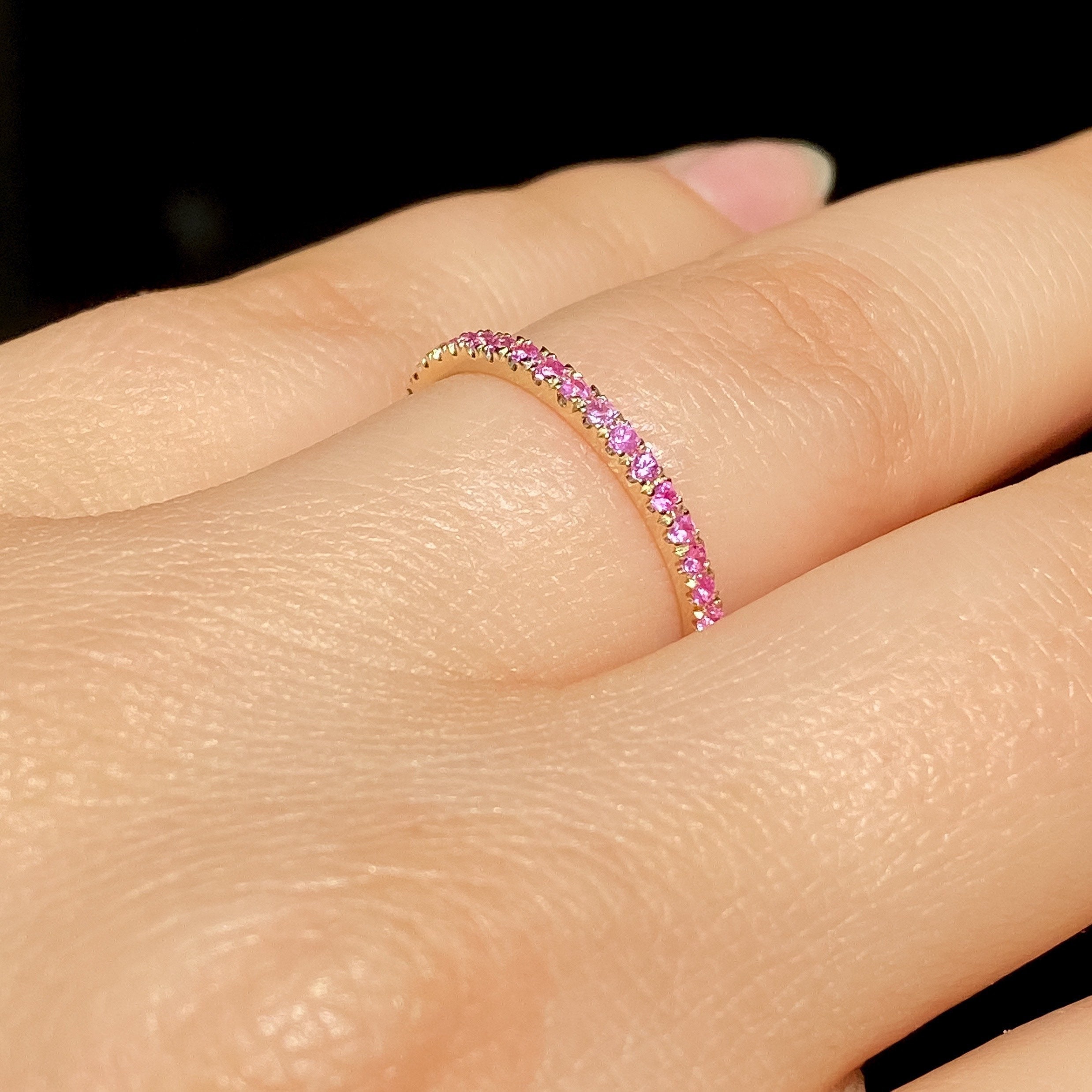 Real Pink Sapphire Band, Micro Pave Pink Sapphire Wedding Band, 14K Yellow Gold Stackable Sapphire Ring, Round Cut Light Pink Sapphire Band