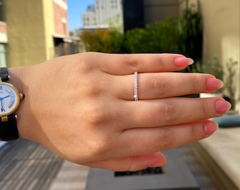 18K White Gold Diamond Wedding Band, Micro Pave Half Eternity Diamond Ring, Stackable Diamond Ring, Natural Diamond Engagement Ring Band