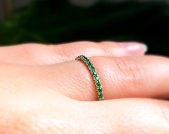 Green Emerald Wedding Band, Natural Green Emerald Ring, 1.5mm Micro Pave Wedding Band, 14K Yellow Gold Stacking Band, May Birthstone Ring,