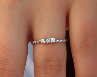 3 Stone Diamond Ring, Natural Diamond Ring, 14K White Gold Past Present Future Ring, Dainty Three Stone Ring, Promise Ring, Mothers Day Gift