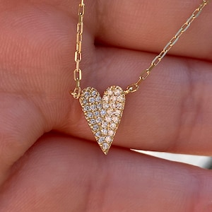 Diamond Heart Pendant Necklace, 14K or 18K Gold Diamond Heart Necklace for Women, Layer Heart Necklace Chain, Micro Pave Heart Pendant Charm