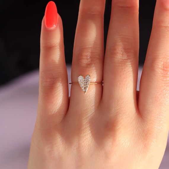 Pave Heart Diamond Ring 14K Yellow Gold Micro Pave Heart Diamond Ring Heart Shaped Diamond Ring Small Pave Heart Ring Valentines Gift Etsy UK