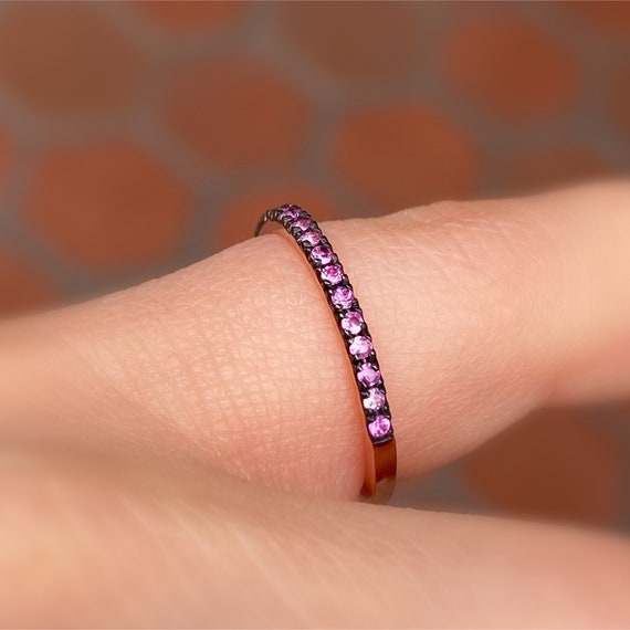 Natural Pink Sapphire Micro Pave Band on Solid 14K Rose Gold with Black Rhodium Prongs, Dainty Real Pink Sapphire Wedding Band Stacking Band