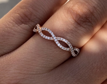 Infinity Diamond Ring - 14K Rose Gold - Braided Twist Minimalist Wedding Diamond Band - Pink Gold Stacking dainty genuine diamond Ring