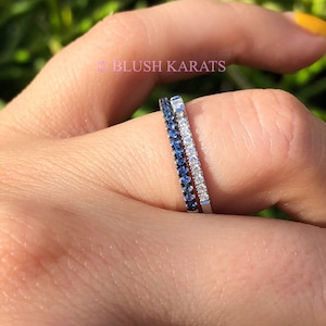 Baguette Diamond ring and Round Sapphire 1/2 eternity band set on Solid 14K White Gold - Minimalist Stackable Set of Diamond Sapphire Rings